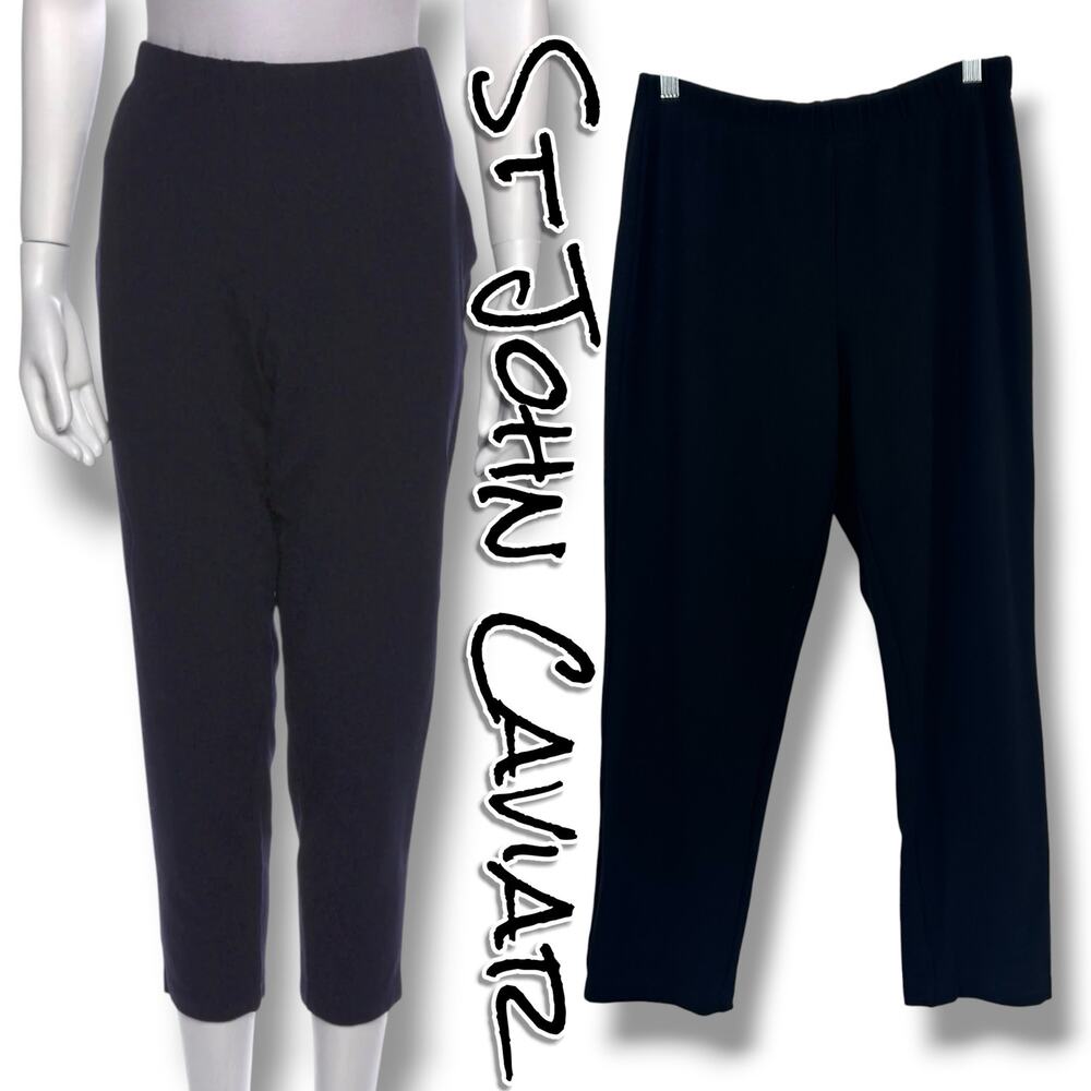 St John Caviar Black Knit Pull On Ankle Pants Leggings Women’s M USA Luxury